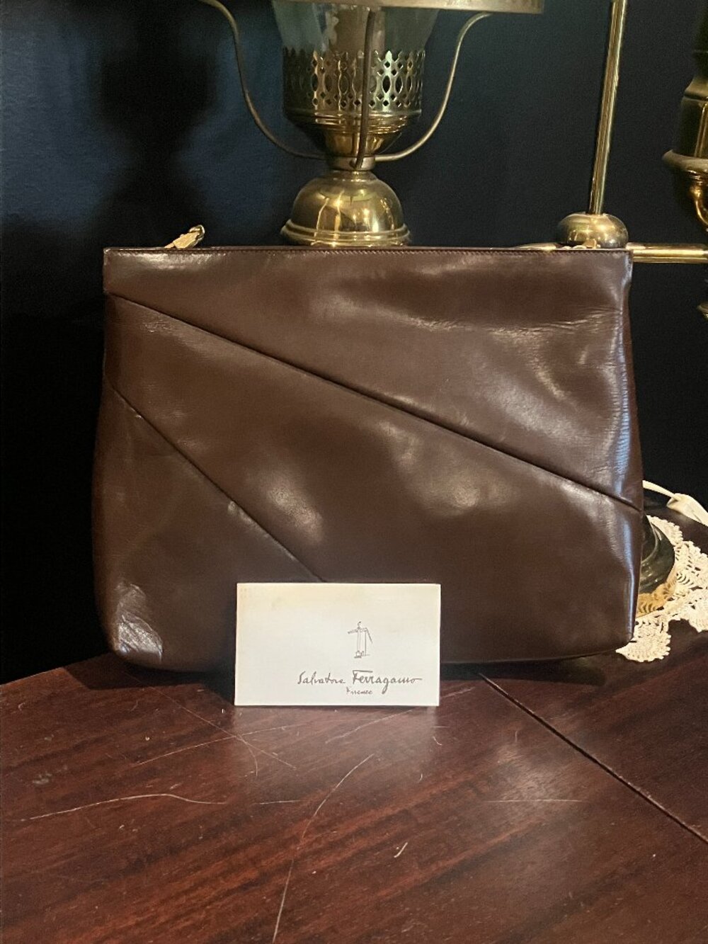 Vintage Salvatore Ferragamo Brown Leather Crossbody Purse with Removable Strap